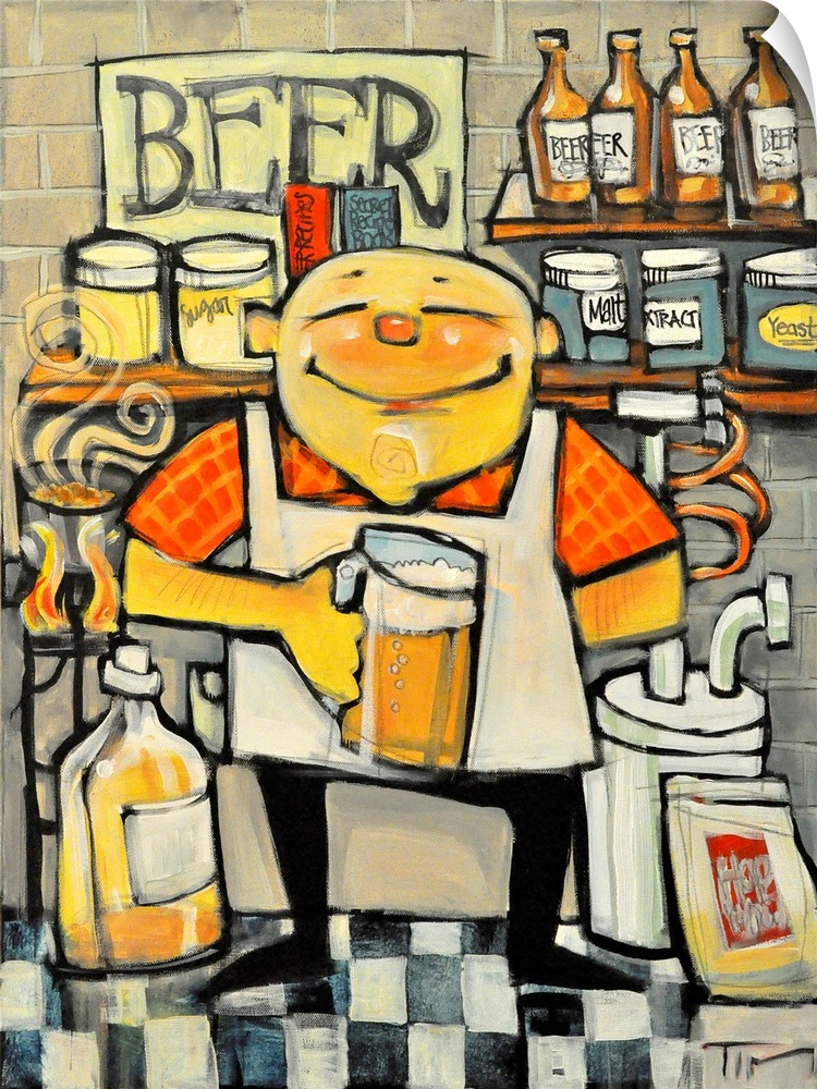 Vertical painting of a smiling man in an apron, brewing beer in a basement setting.  He is surrounded by brewing equipment...