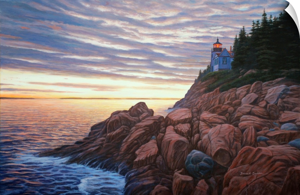 Contemporary artwork of a view of a rocky sea coast at sunset.