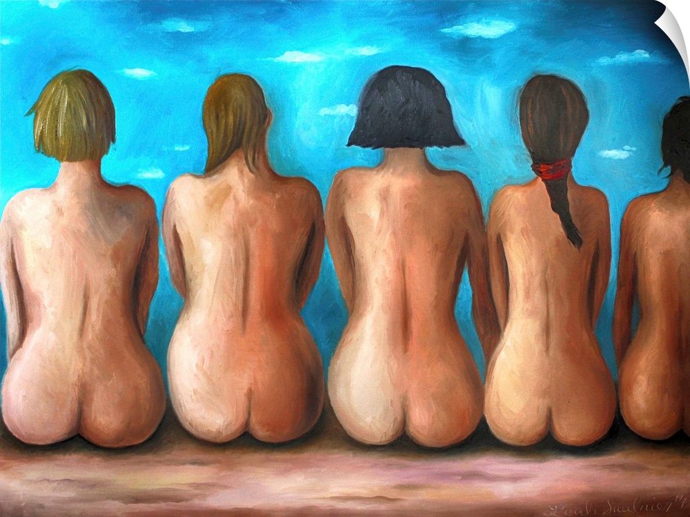 Surrealist painting of a line of nude seated women.