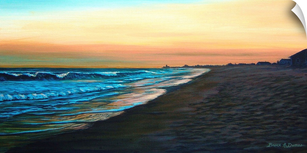 Contemporary painting of beach and water scene at sunset.