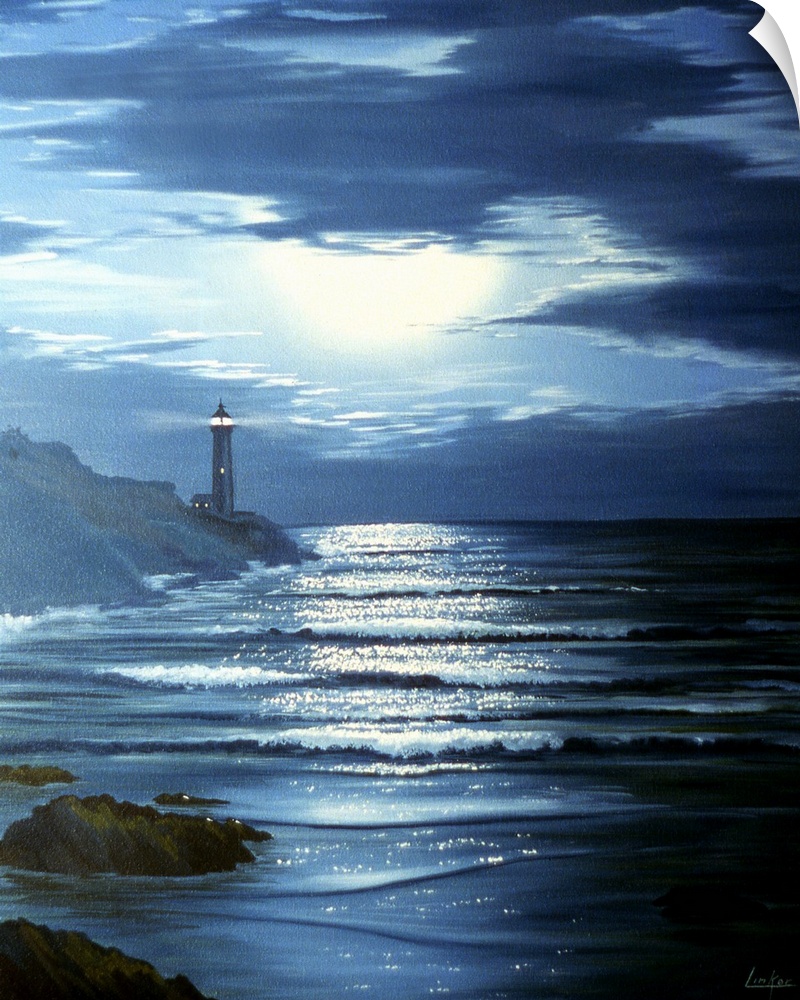 Contemporary painting of waves crashing on the coastline at night, with a lighthouse in the distance.