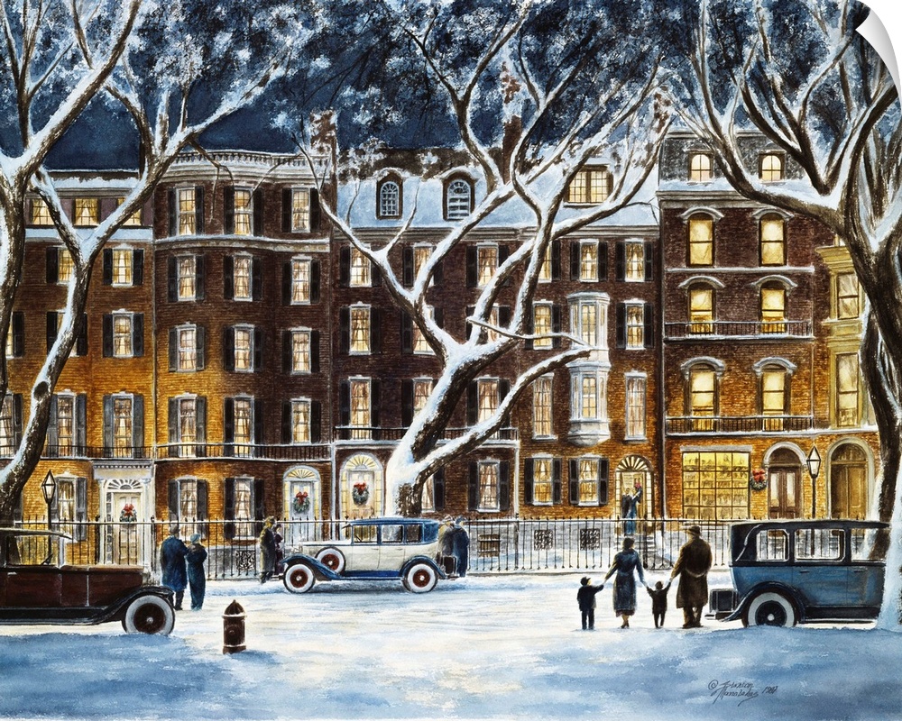 Contemporary painting of winter city scene.