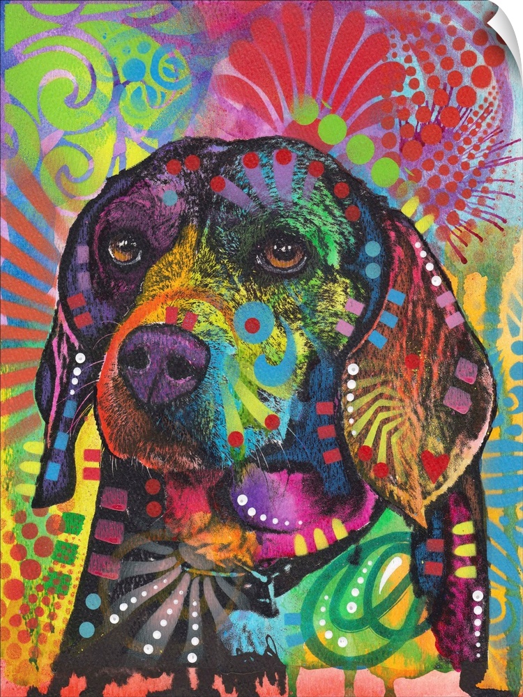 Pop art style illustration of a beagle with colorful markings all over and a graffiti background.