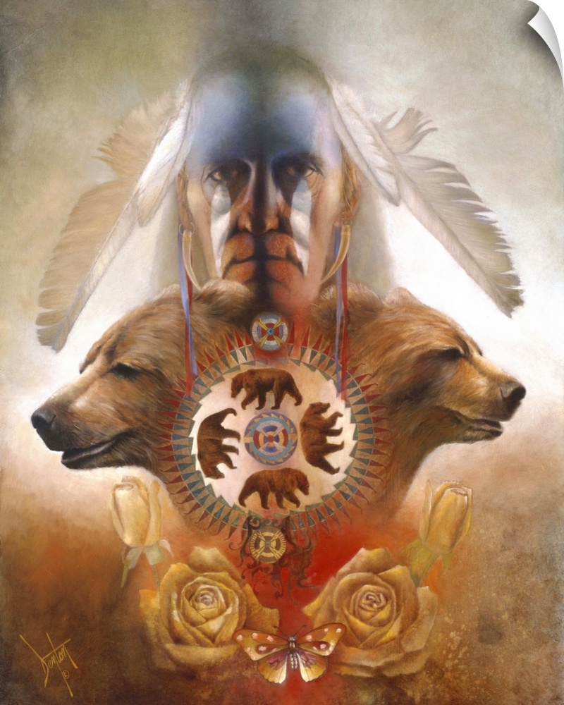 A contemporary painting of a Native American man staring straight on with feathers in his hair and two brown bear profile ...