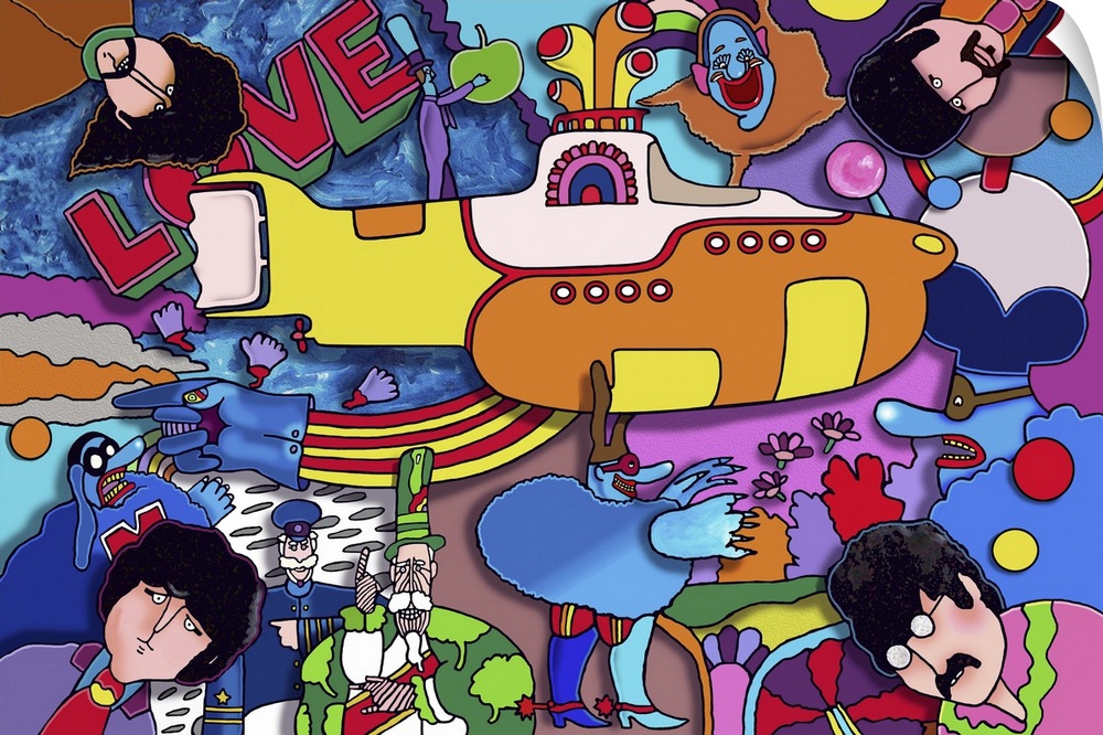 Contemporary artwork of a yellow submarine surrounded by bright colors and musical artists.