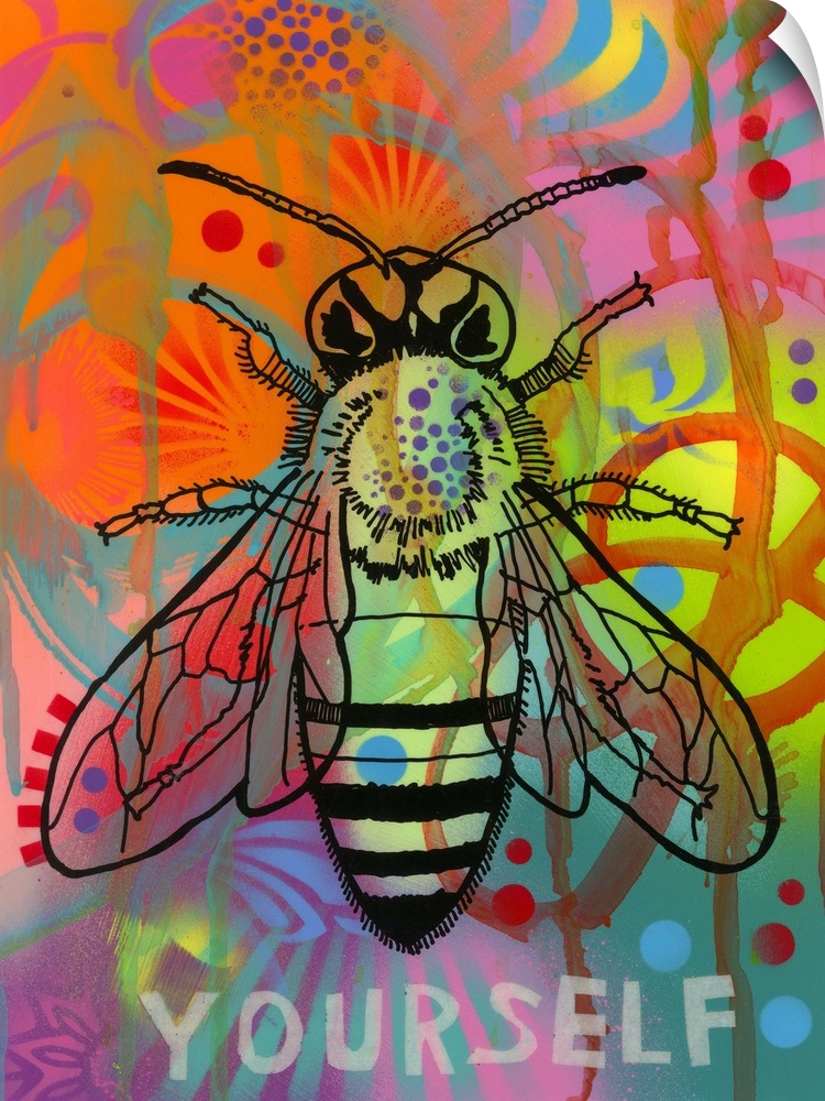 Black illustration of a bee on a colorful graffiti style background with "Yourself" written underneath the bee.