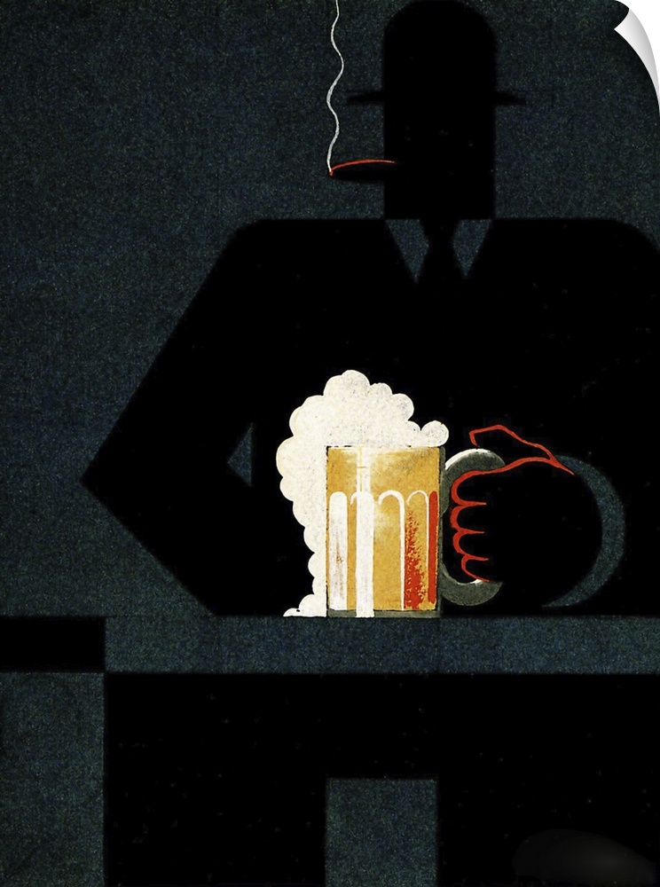 Vintage poster artwork of a bold silhouetted figure smoking a cigar and wearing a hat holding an illuminated mug of beer.