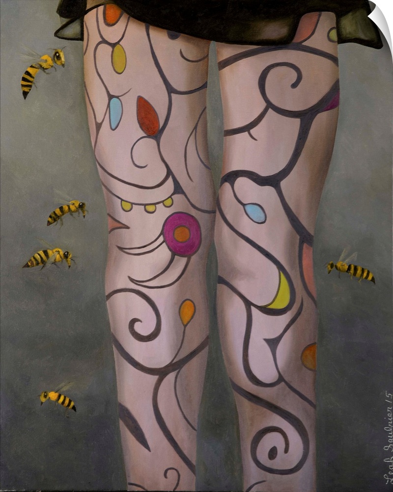 Surrealist painting of a woman's legs with flowers and vines painted on them with bees hovering in the air around them.