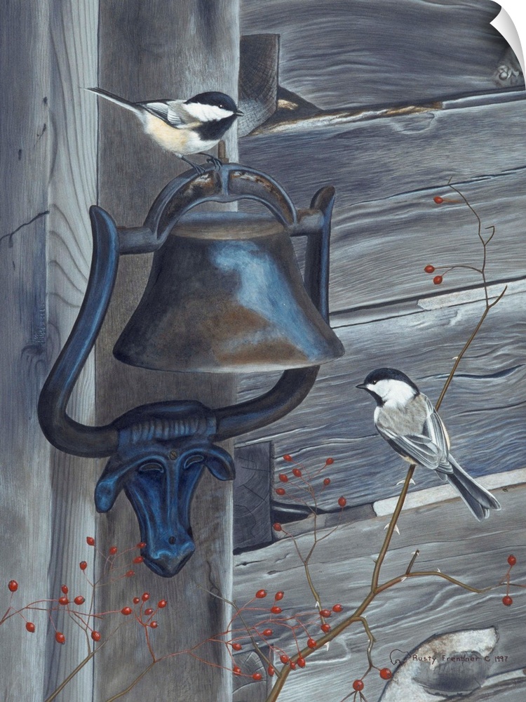 Two black capped chickadees; one perched on a bell and the other on a lower branch