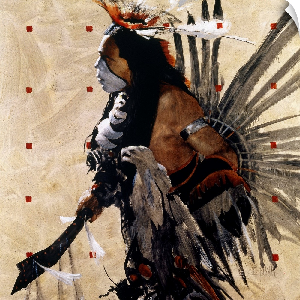 Contemporary western theme painting of a Native American in traditional and ceremonial dress.