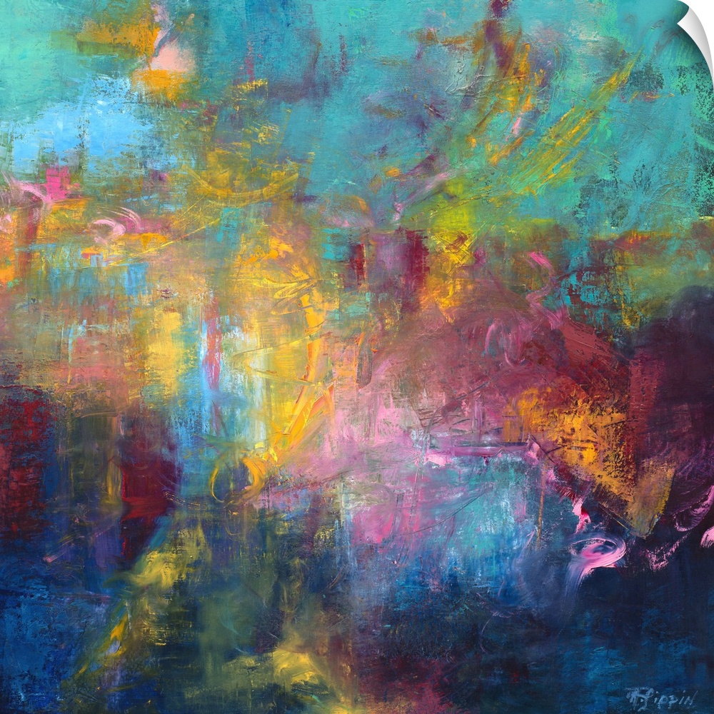 Contemporary abstract painting using wild and vibrant splashes of color.