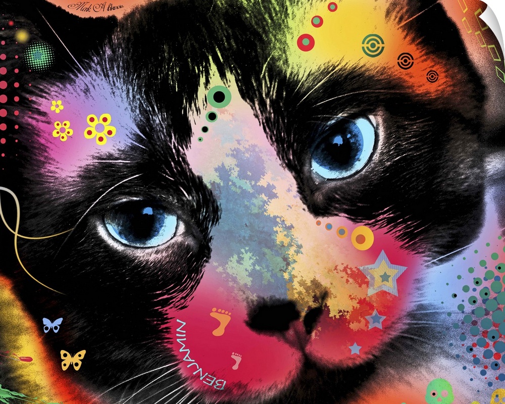 Contemporary artwork of a cat colored in an array of bright and vibrant colors.