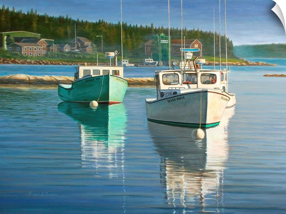 Contemporary artwork of boats in the harbor