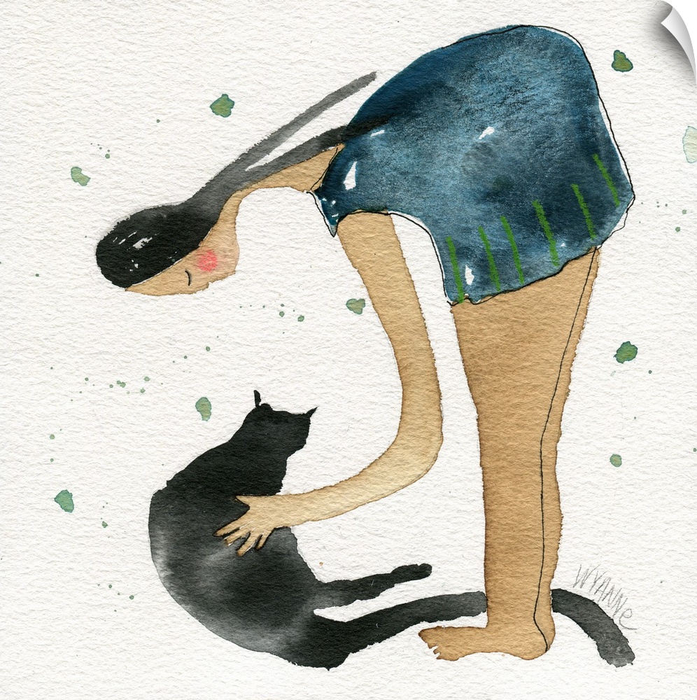 A woman leaning over and holding a black cat.