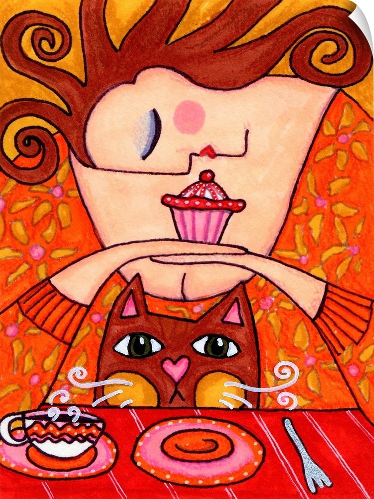A woman in a red sweater holding a cupcake in her hands with a cat on her lap.
