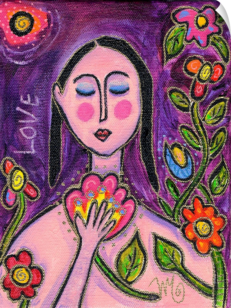 A pink woman holding and surrounded by flowers.