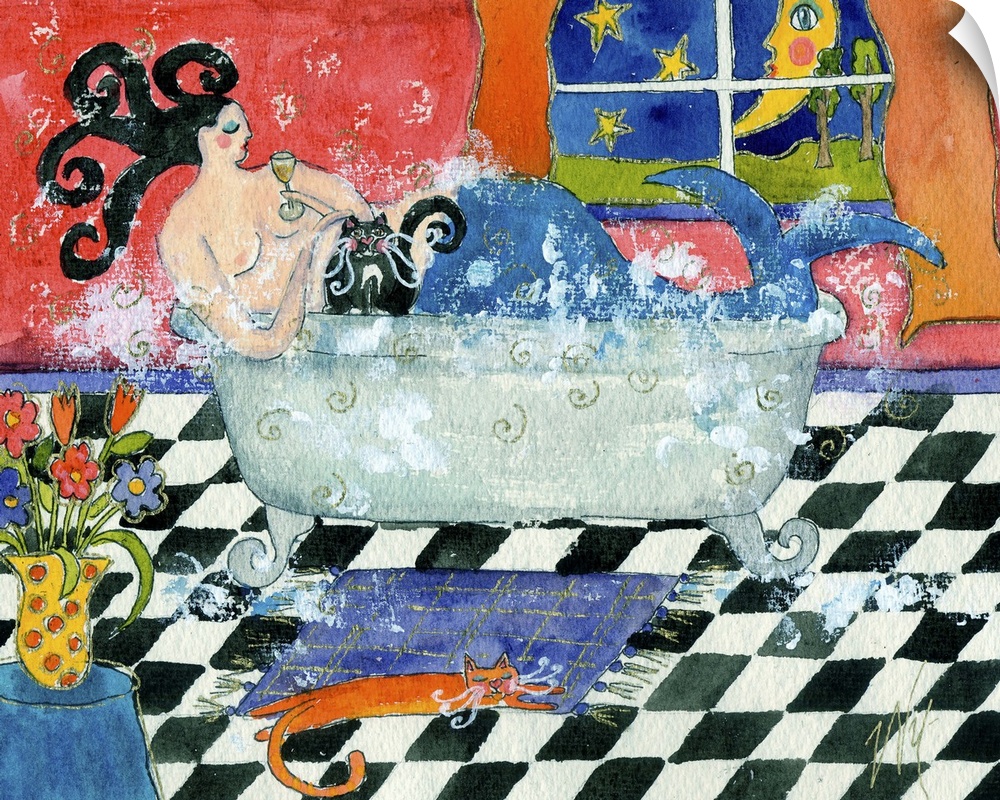 A mermaid in a bathtub in the evening.