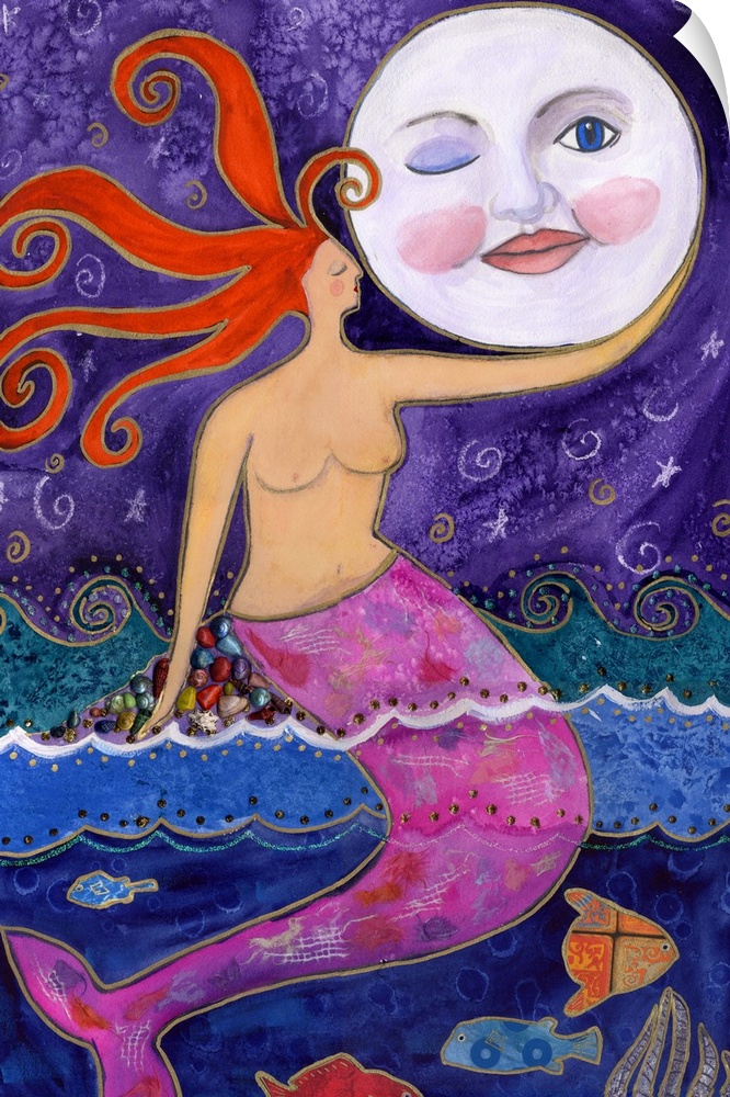 A mermaid with a pink tail holding the moon.