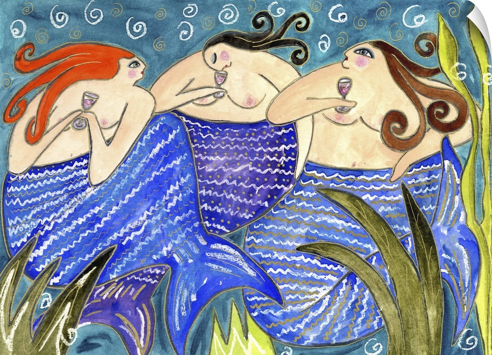 Three mermaids underwater drinking wine from glasses.