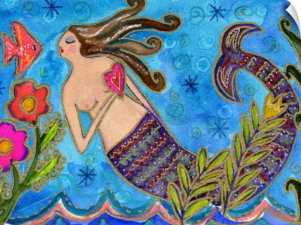 A mermaid with a striped tail holding a heart and looking at a fish.
