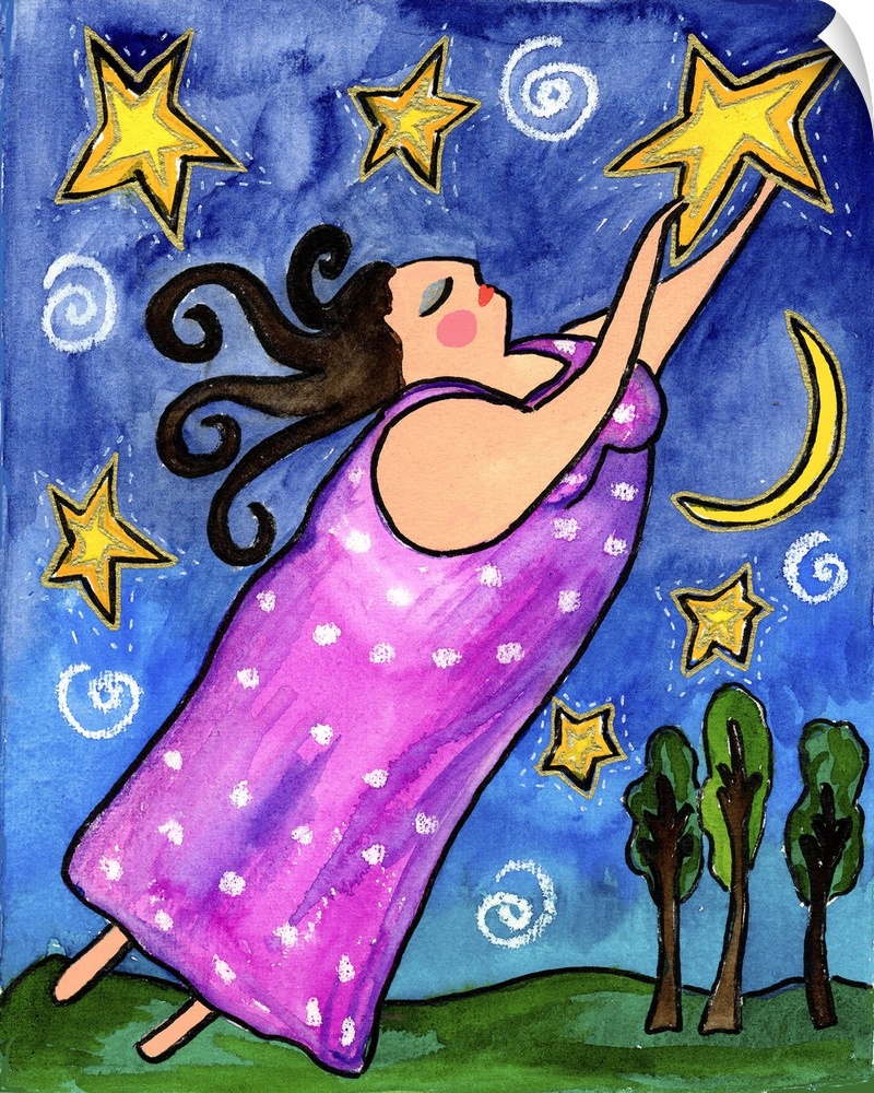 A woman in pink raising her arms toward the stars in the sky.