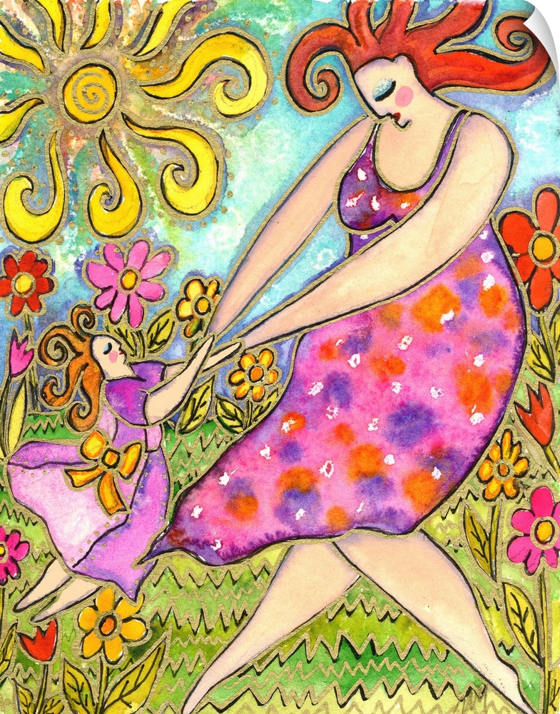 A woman in a pink dress dancing with her daughter in a garden.