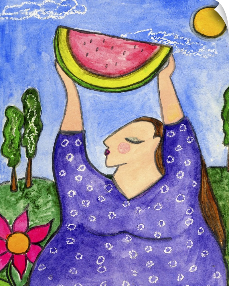 A woman in purple holding up a slice of watermelon.