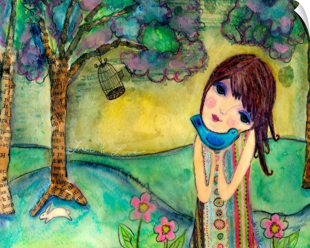 A girl holding a blue bird close in a forest.