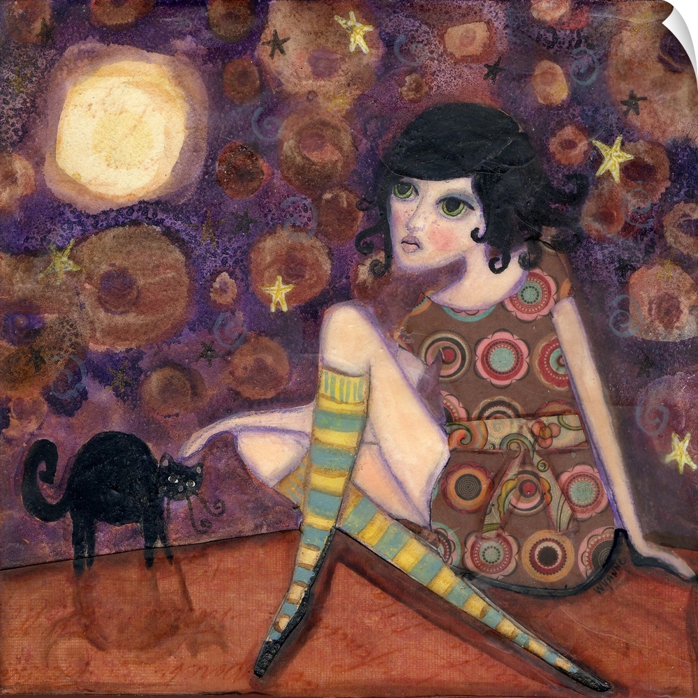 Painting of a girl in a patterned dress petting a black cat under a full moon.