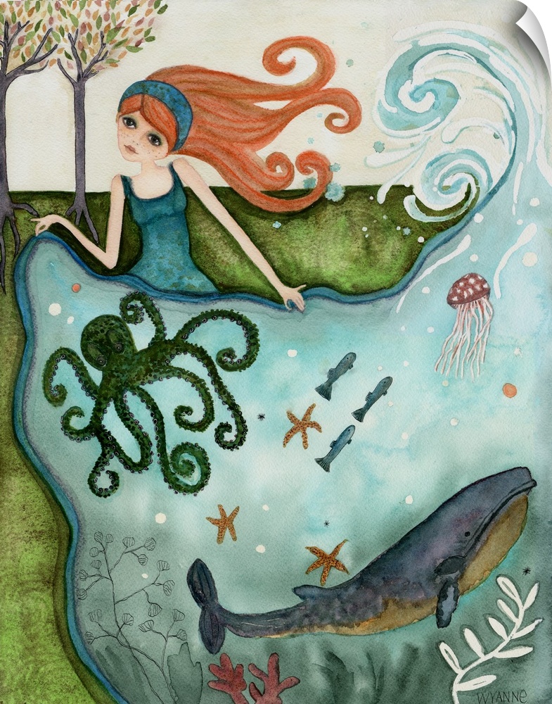 A woman creating an ocean full of fish, octopus, and whales.