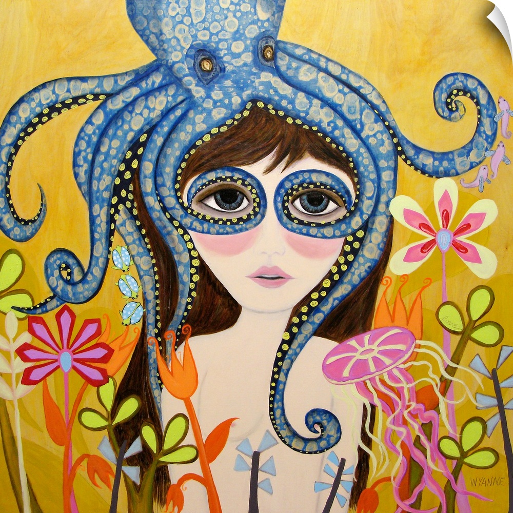 A girl with a blue octopus on her head, with its tentacles around her eyes.