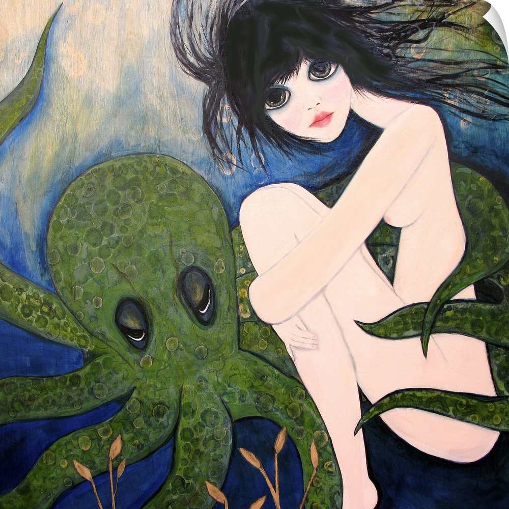 A nude woman underwater with a green octopus.