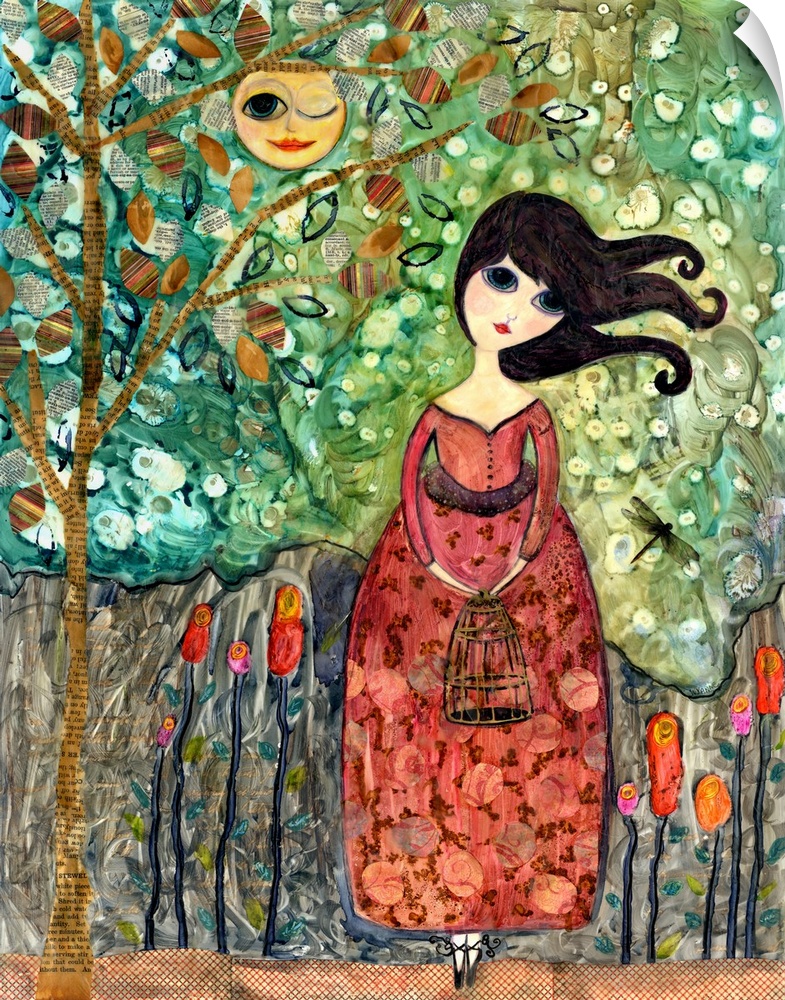 A woman in a red dress standing under a tree, with the sun smiling above.