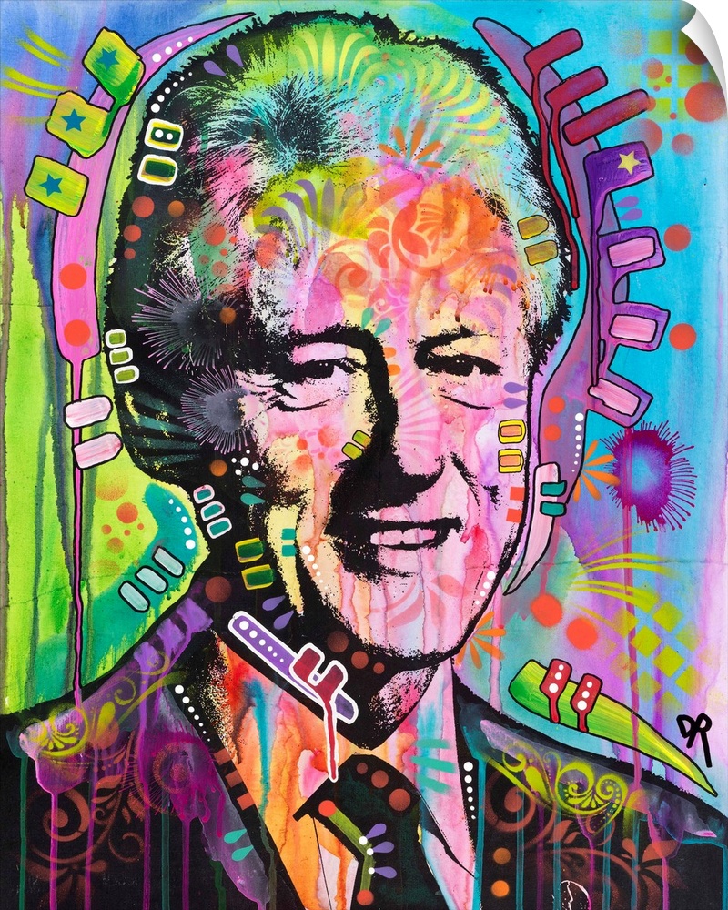 Pop art style painting of Bill Clinton in different colors and covered in abstract designs.