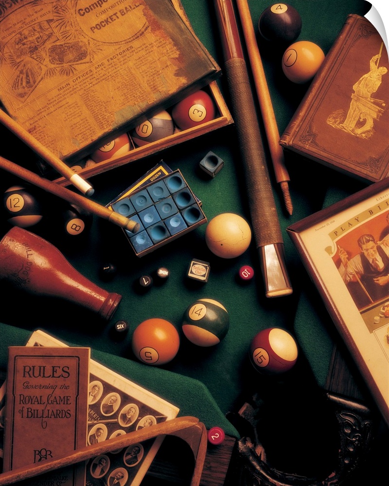 Photograph of vintage billiards gear and memorabilia.