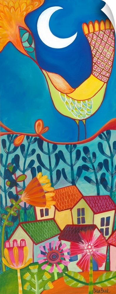 Contemporary painting of a bird on a branch looking up into the night sky at the moon.