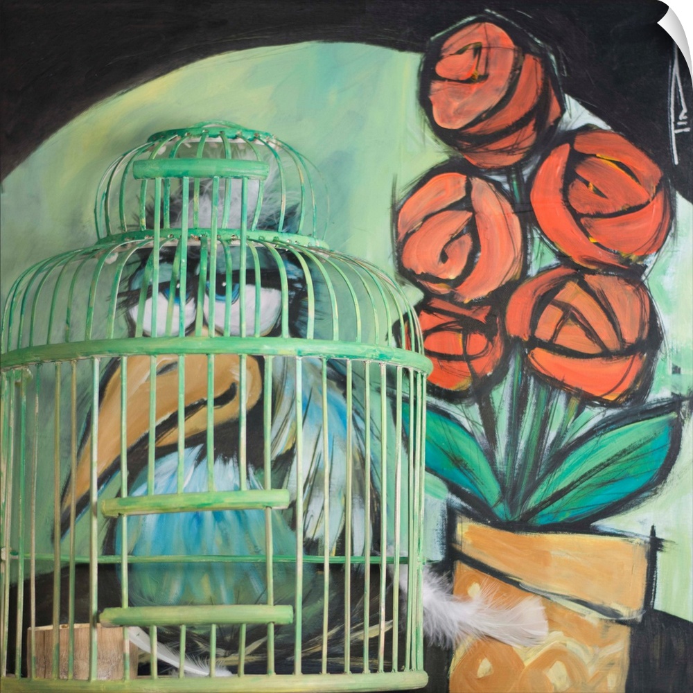 Mixed media painting of a bird next to roses in a vase, with an actual cage.