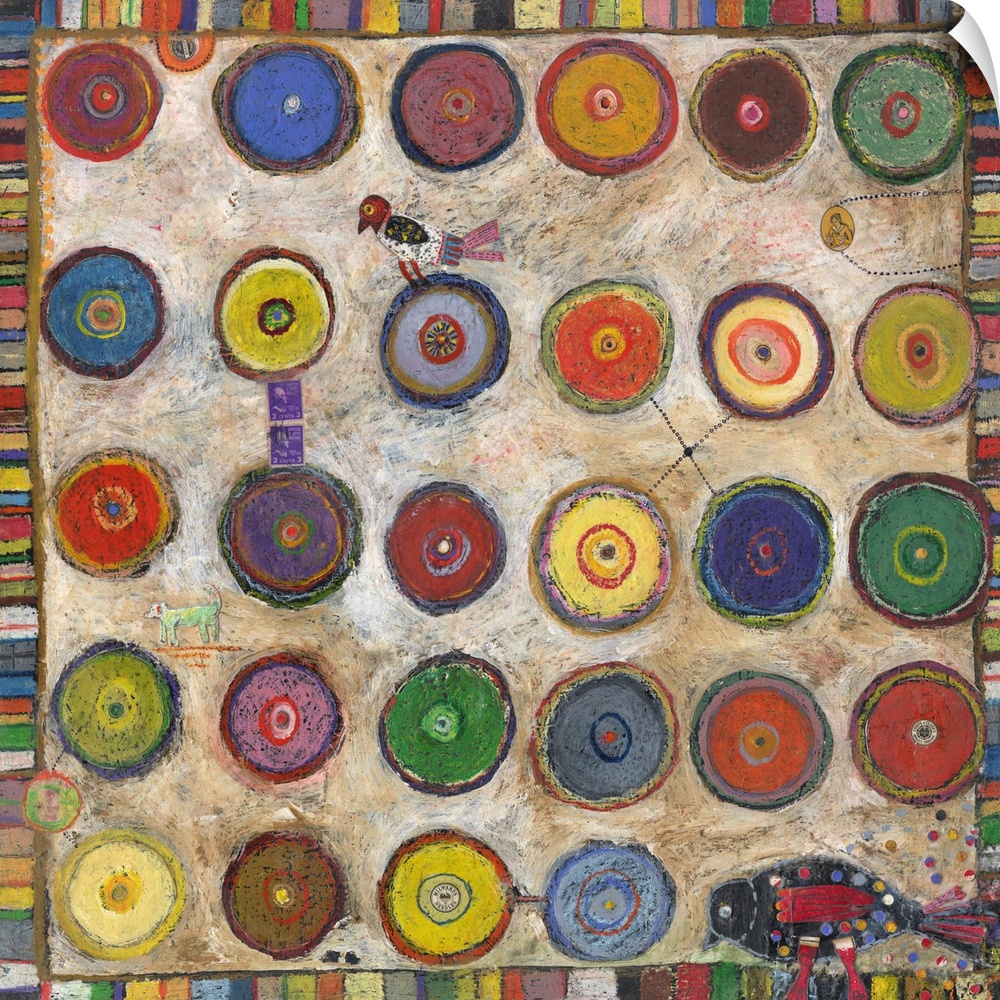 Lighthearted contemporary painting of a grid with a bunch of colorful circles and bird in the corner.