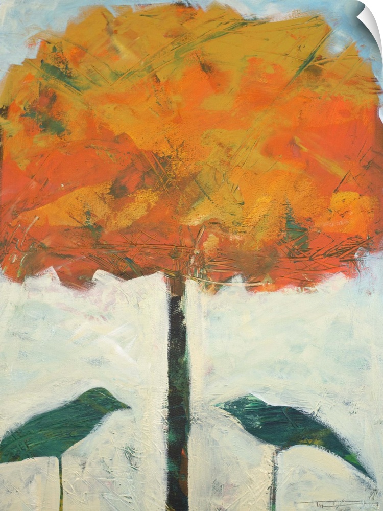 Minimalist painting of two birds under a tree with autumn leaves.