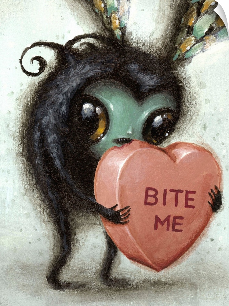 Surrealist painting of an insect-like creature holding a heart-shaped candy.