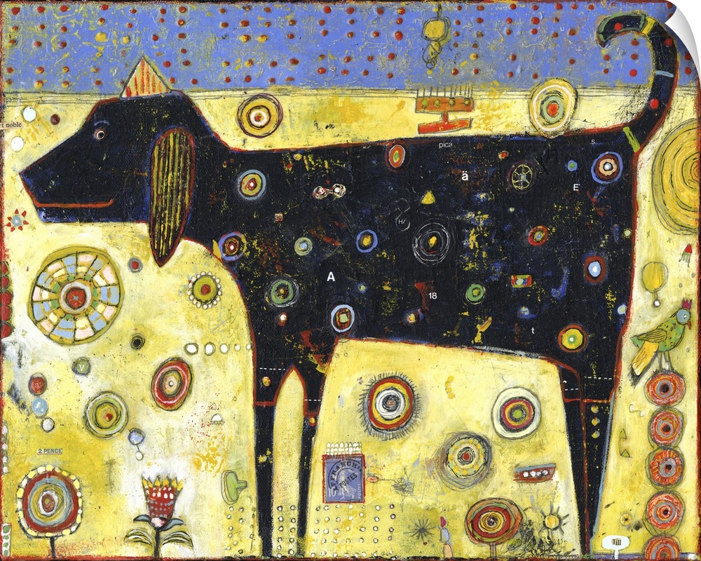 Lighthearted contemporary painting of black dog with spots.