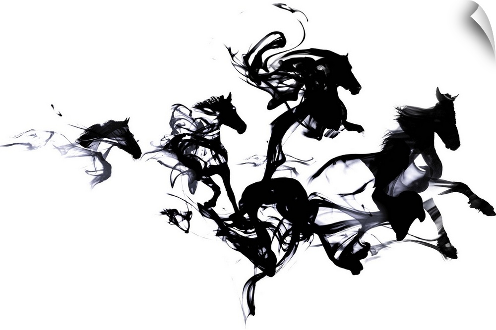 Contemporary artwork of black ink blotches creating the shape of galloping horses.