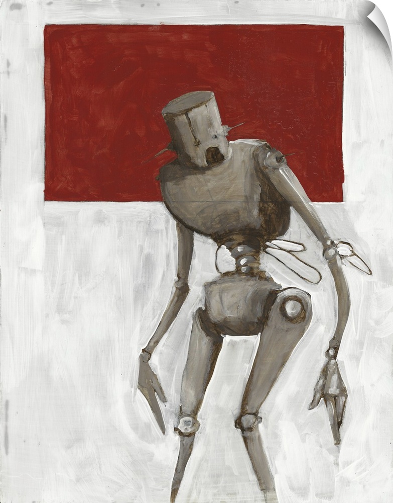 Illustration of a thin grey robot standing in front of a red square.
