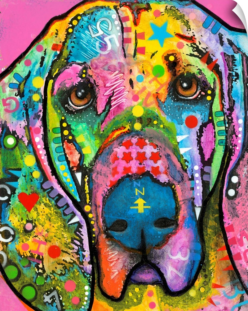 Colorful painting of a Bloodhound with abstract markings all over on a bright pink background.