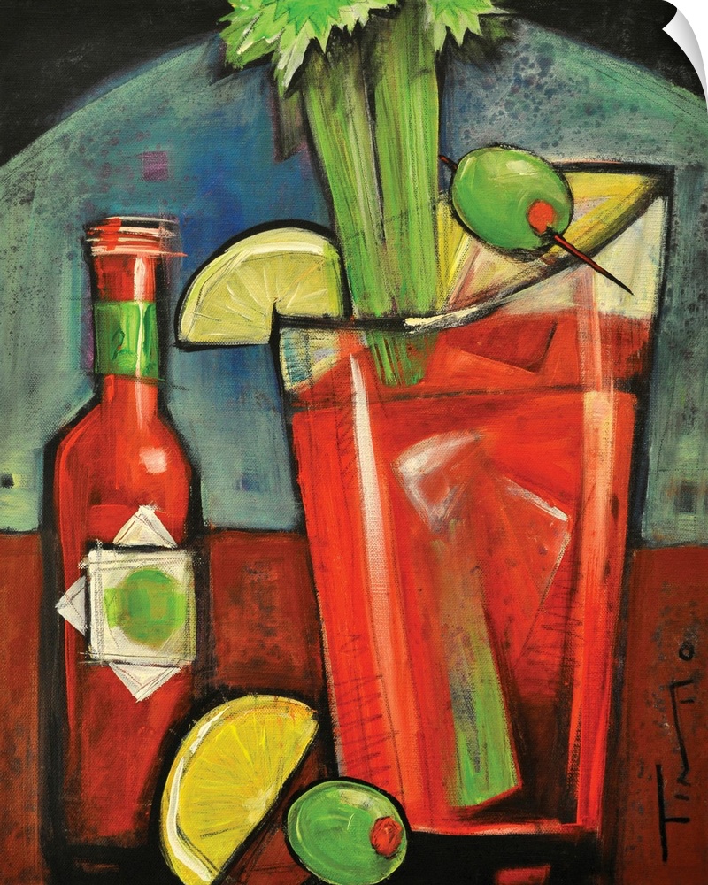 Painting of alcoholic beverage garnished with celery, olives, and lemons next to a bottle of mix.