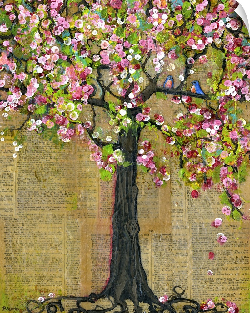 Lighthearted contemporary painting of a flowering tree, against a newsprint background.