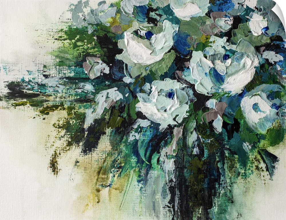 Original painting of modern flower arrangement of turquoise aqua and white flowers by contemporary artist Melissa McKinnon...