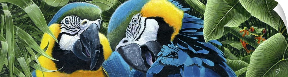 Contemporary painting of two colorful tropical parrots.