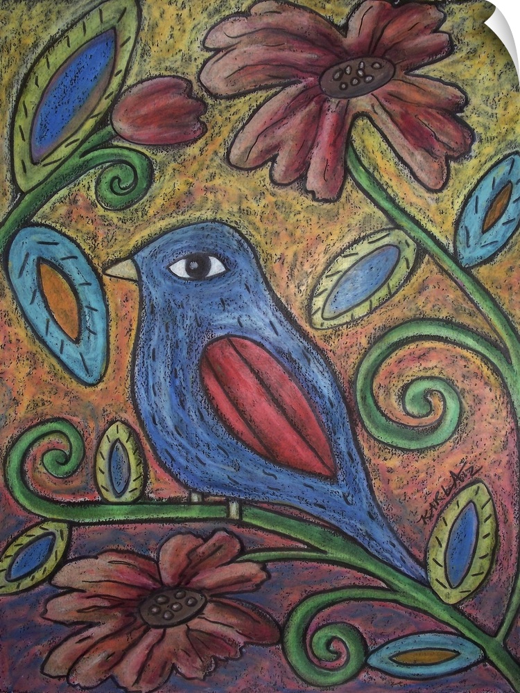 Contemporary painting of a blue bird perched on a flower stem.