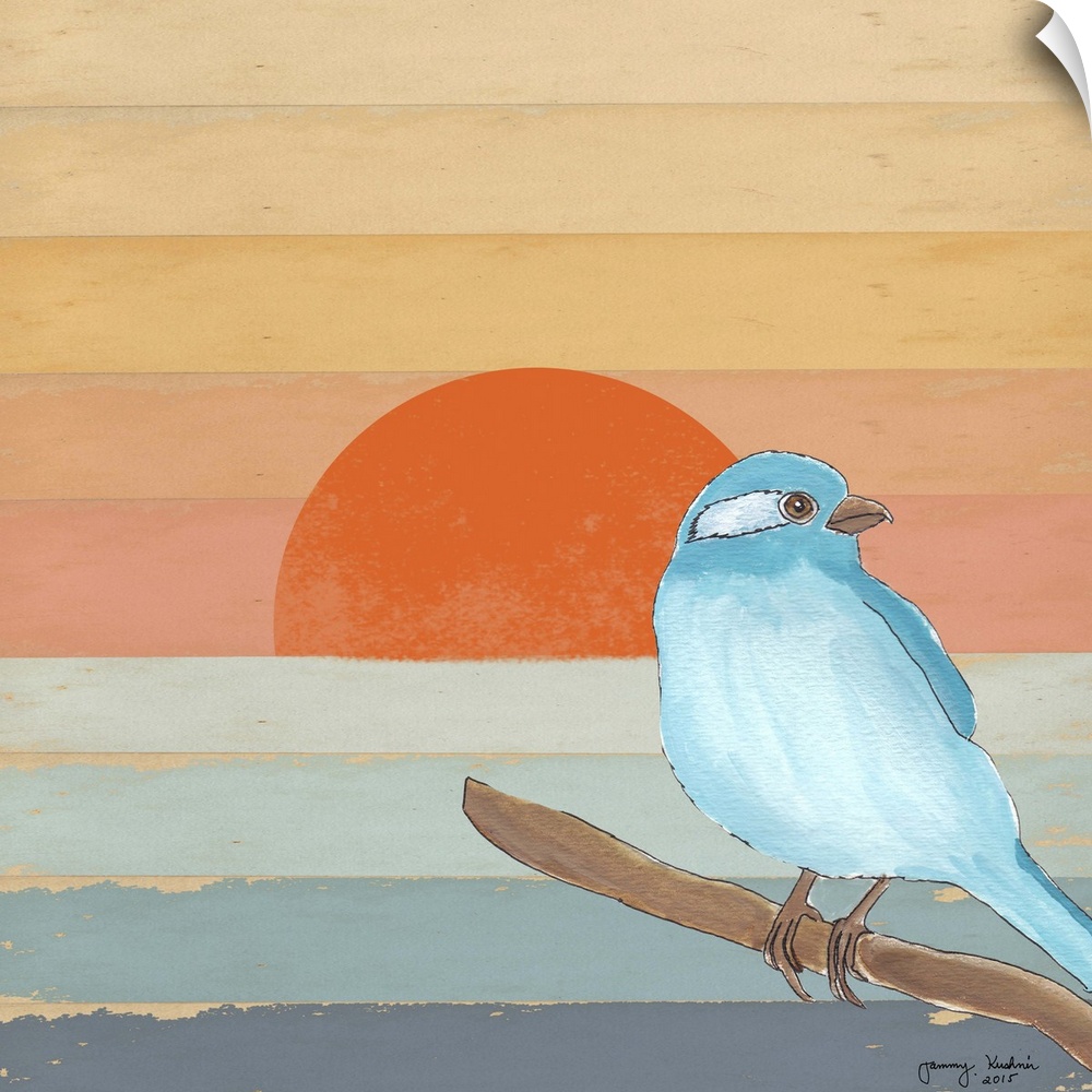 Drawing of a bird on a striped sunset background.